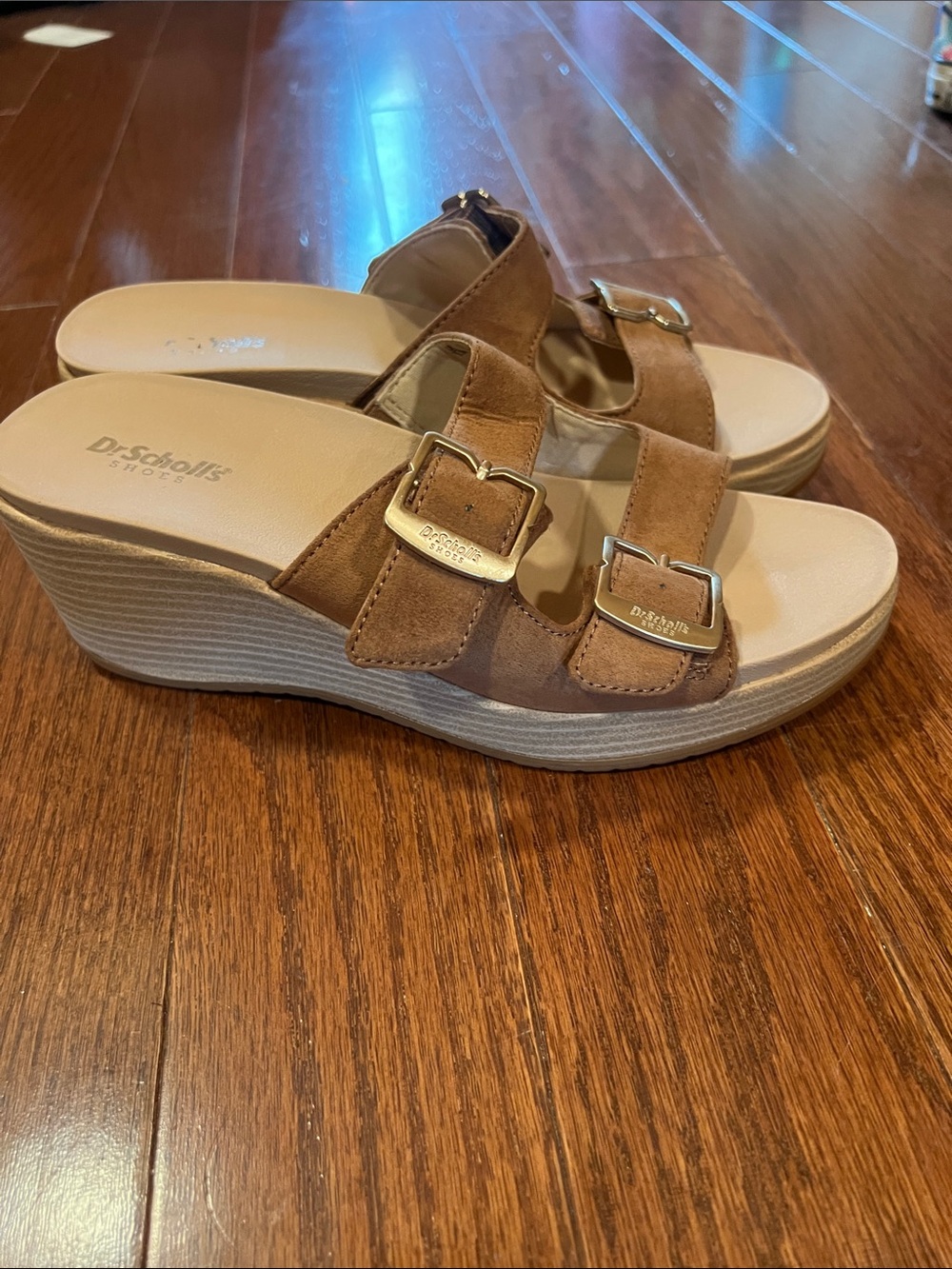 Dr. Scholl's Brown Double-Buckle Wedge Slides Sz 7.5
